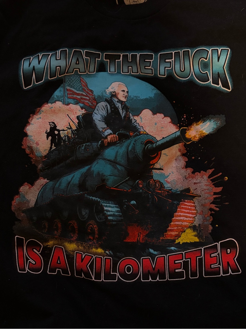 Graphic Tank Tee with Bold 'What The F Is A Kilometer' Slogan Spencer’s - Picture 1 of 3